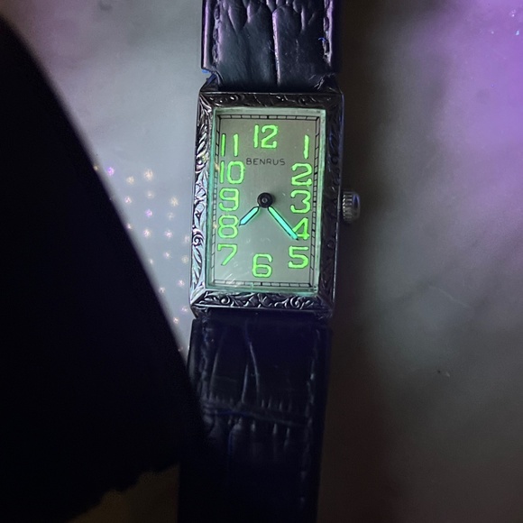 VINTAGE BENRUS ORNATE MECHANICAL TANK WATCH VASELINE GREEN FLUORESCENT UNISEX main image 4